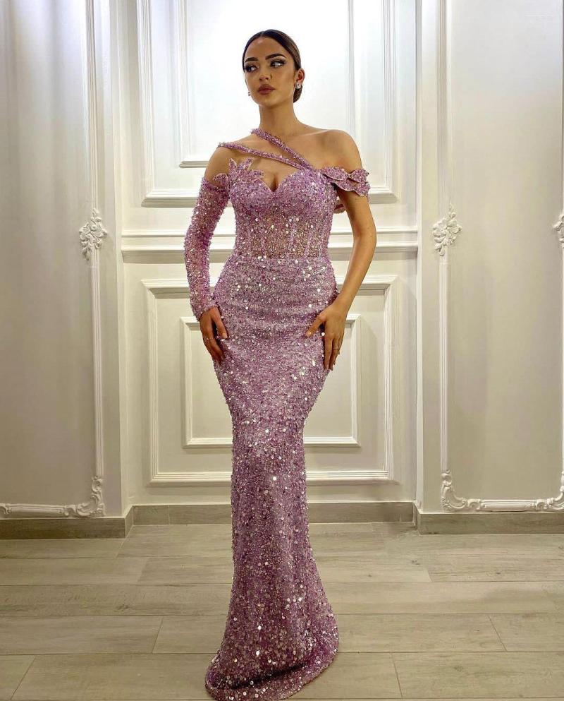 

Party Dresses Sparkly Mermaid Evening V Neck One Long Sleeve Sequins Beaded Appliques 3D Lace Shoulder Prom Custom Made, Ivory