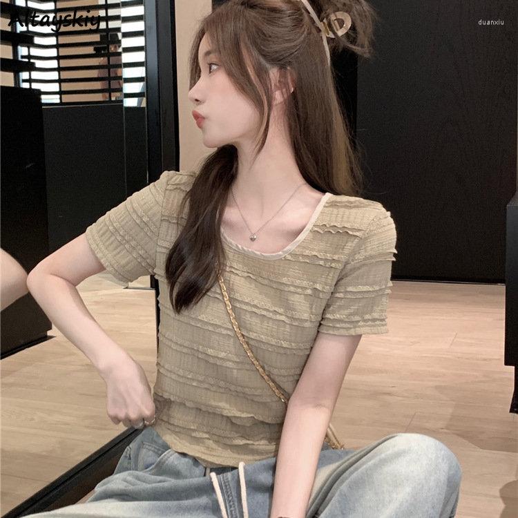 

Women' T Shirts T-shirts Women Gentle Sweet Aesthetic Summer Female Casual Korean Style Design All-match Mature Solid Temper Tops, Khaki