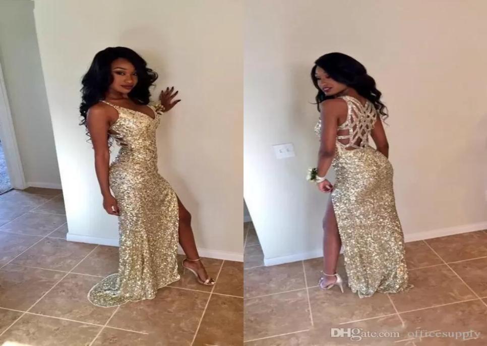 

Gold Sequins Long Prom Dresses Sexy Thigh High Slits Magnetic Halter Vestidos De Fiesta 2020 Hollow Back Mermaid Prom Gowns BA27984396148, Dark navy