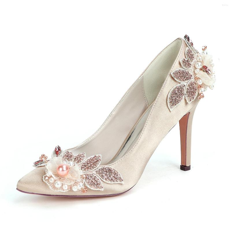 

Dress Shoes Sweet Bridal Wedding Heels Pointed Toe Slip On With Lace Flower Pearl White Ivory Champagne Satin Pumps Rhinestones Leaf, Soft ivory