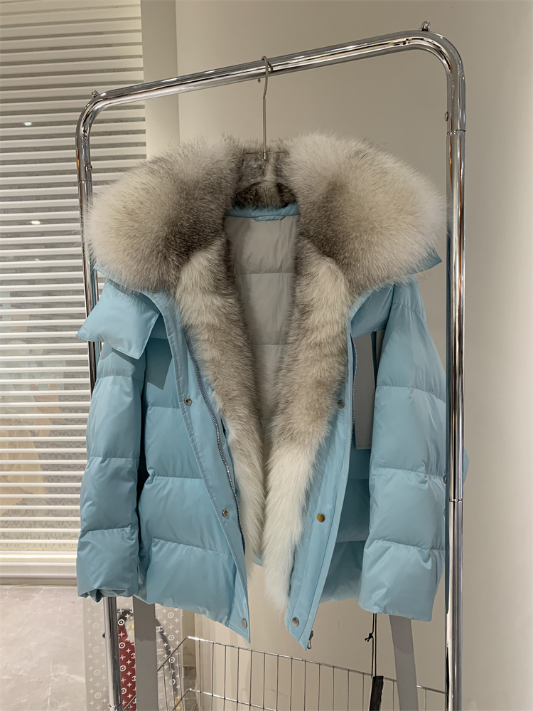 

Women Winter Coat White Goose Down Jacket With Big Real Silver Fox Fur Collar Female Loose Outerwear Fashion, 12