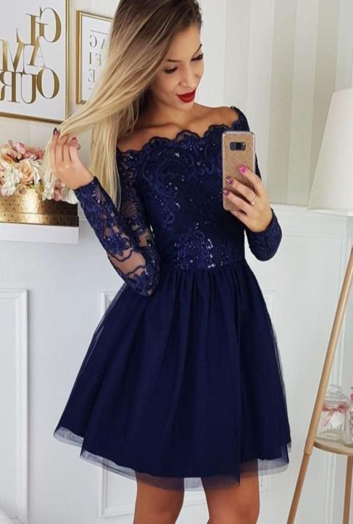 

Navy Blue Illusion Long Sleeves Off Shoulder Cocktail Party Dresses Lace Sequins Draped Backless Short Homecoming Graduation Dress1100064, Pink