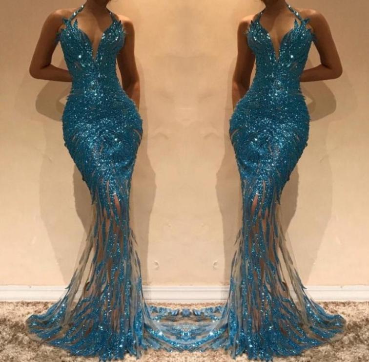 

Mermaid Illusion Hunter Sequins Prom Dresses Evening Gowns Halter Sleeveless Sexy Backless Long Cheap Prom Dress 20191876814, Light yellow