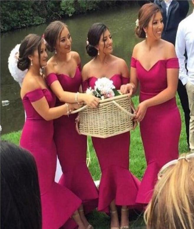 

Plain Satin Magenta Mermaid Bridesmaid Dresses Off Shoulder Plus Size Wedding Guest Dresses Tea Length Cocktail Party Dresses Chea7790982