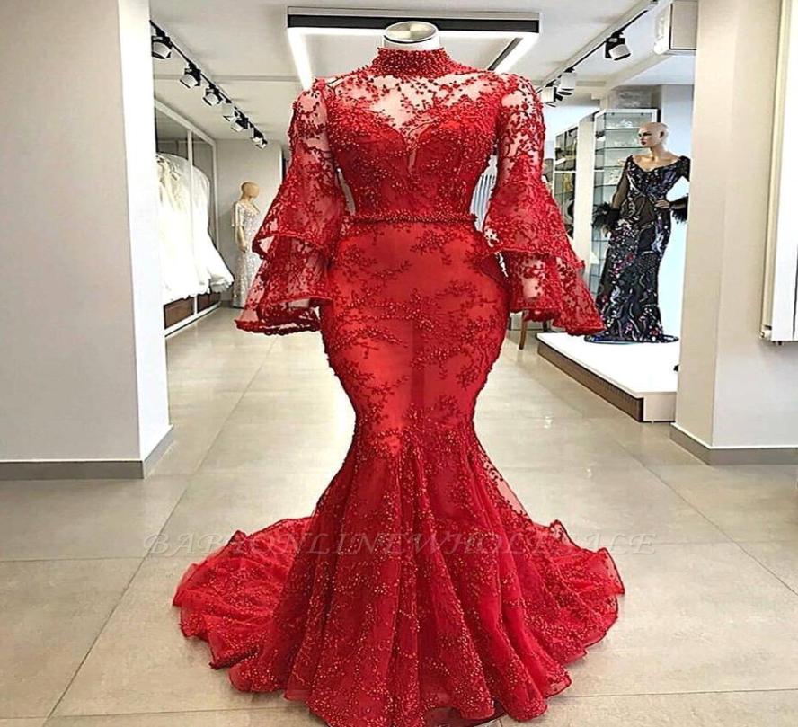 

2019 Red High Neck Lace Mermaid Long Evening Dresses Flare Long Sleeves Beaded Sweep Train Prom Formal Party Dresses BC08162168261