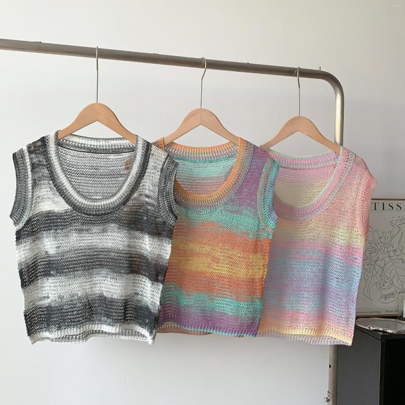 

Women' Tanks Sarebon 2023 Summer Women Short Mesh Knitted Sleeveless Tank Top Small Design Sense, Gray