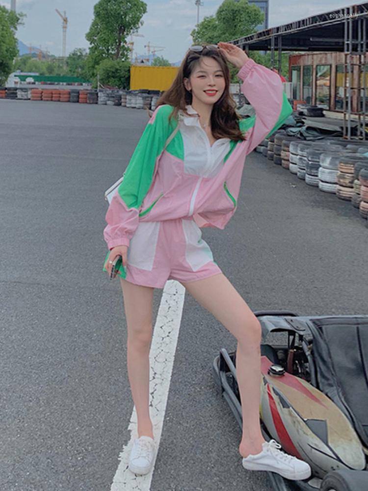

Women' Tracksuits 2023 Summer Sunscreen Clothing Shorts Suit Women Korean Long Sleeved Thin Contrast Coat Two Piece Set Female Beach, Pink suit