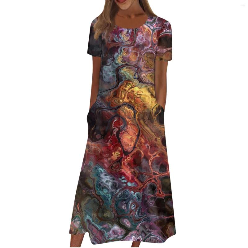 

Casual Dresses Women Summer Printed Pleated Round Neck Midi Basic Classic Outdoor Daily Short Sleeve Loose, Purple