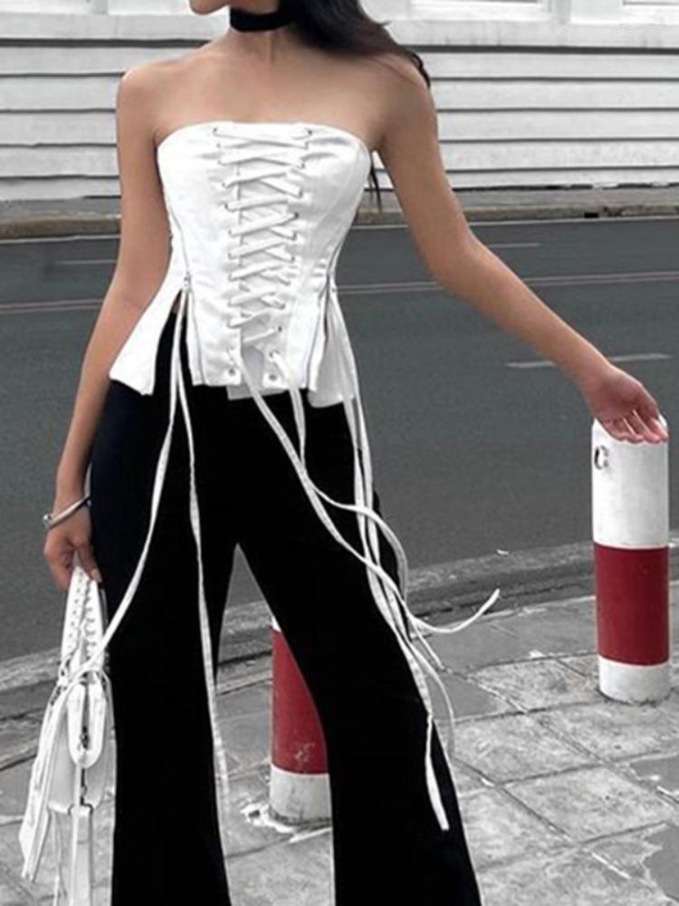 

Women' Tanks Backless Tank Top Gyaru Slim Fit Solid Zipper Tie White Tube Sleeveless T Shirt Tops For Women 2023 Summer Fashion Tees