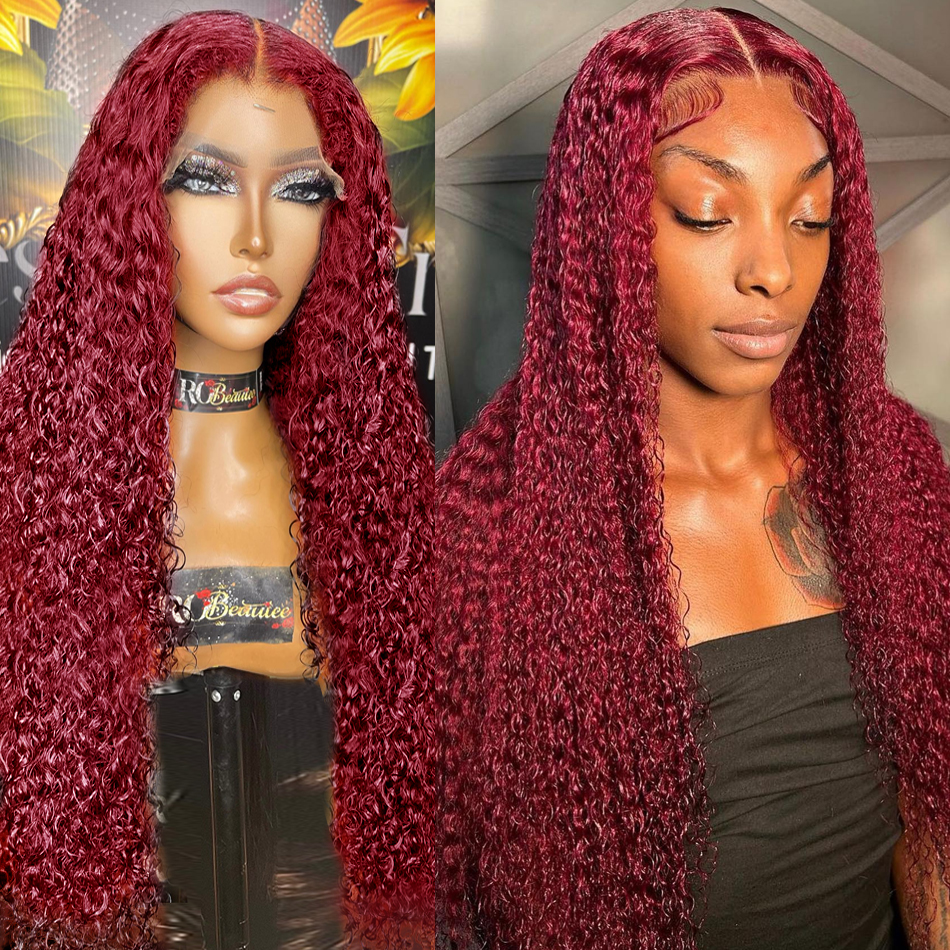 

26 Inch 99J Burgundy Transparent 13X4 Deep Wave Lace Frontal Wig Red Color Brazilian Remy 180% Curly Human Hair Wigs for Women