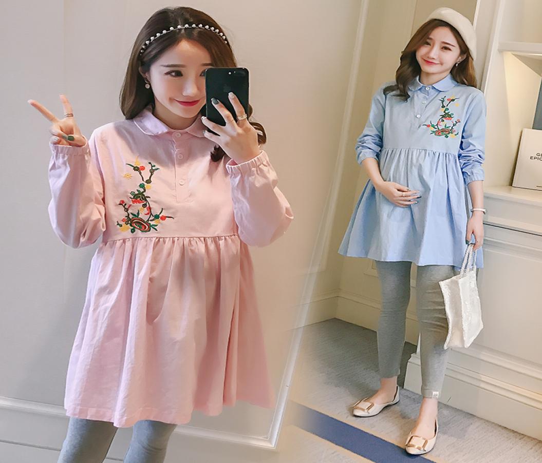 

Embroidery Flower Cotton Maternity Blouses Autumn Fashion Loose Clothes for Pregnant Women Pregnancy Shirts Tops2702624, Pink