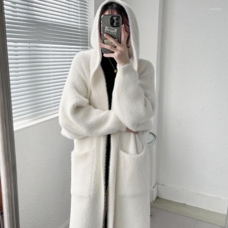 

Women's Knits Mink Cashmere Hooded Long Coat Women Winter Full-sleeve Oversized Cardigan Dress Woman Keep Warm Woman's Clothing Korea, Ivory