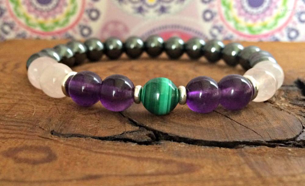 

Strand Hematite RoseQuartz Purple Quartz And Malachite Bracelet Protection Wrist Mala Yoga Stress Relief Fashion Jewelry