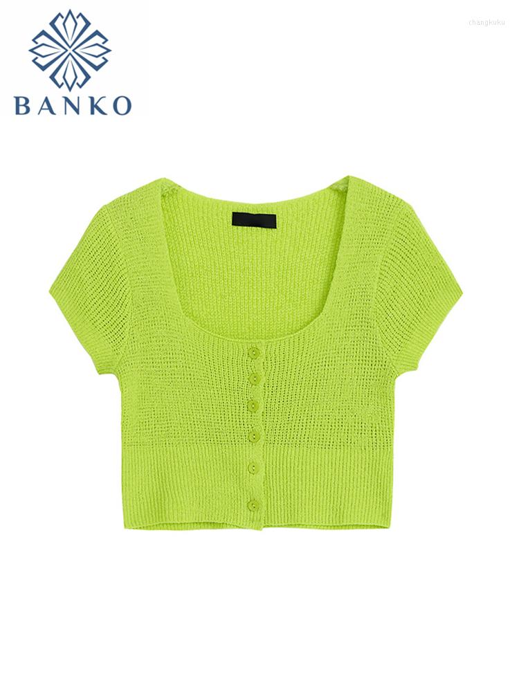 

Women's T Shirts 2000s Retro Solid Color Women Knitted Crop Tee O-neck Short Sleeve Cozy T-shirt Y2K Single Breasted Soft Clothing Simple, Blue