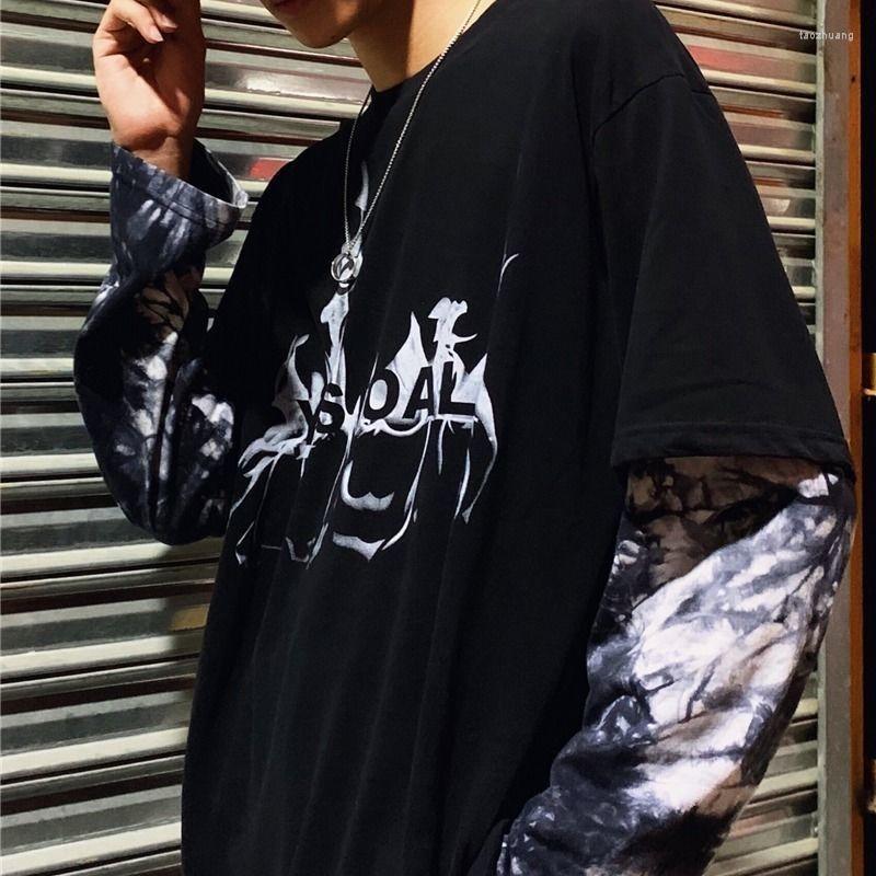 

Men's T Shirts E BOY Men Long Sleeve T-shirts O-neck Fake 2 Piece Tie-dye Loose Big Size 2XL Streetwear Hip Hop All-match Couple Daily, Black