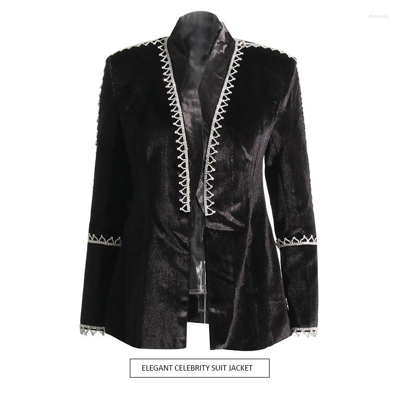 

Women' Suits SuperAen 2023 Fashion Style Velvet Nail Diamond Design Black Long Sleeve Blazer For Women