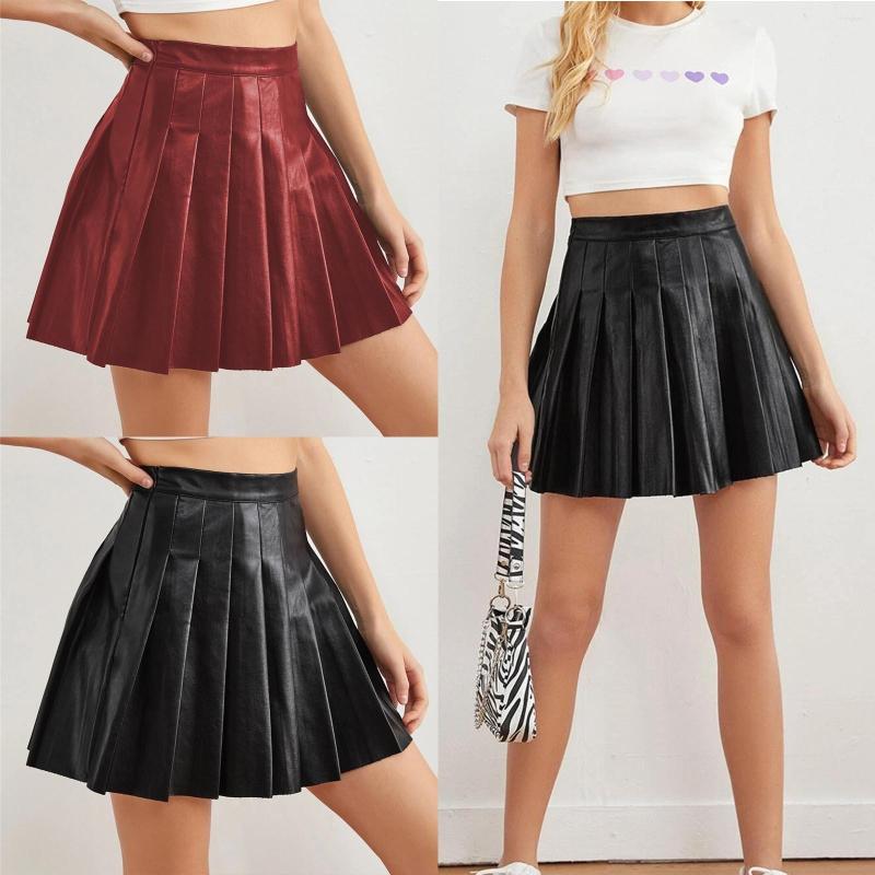 

Skirts Skater Skirt Long Pleated Elegant Waist High Short Leather Women' Solid Womens Metallic, Black