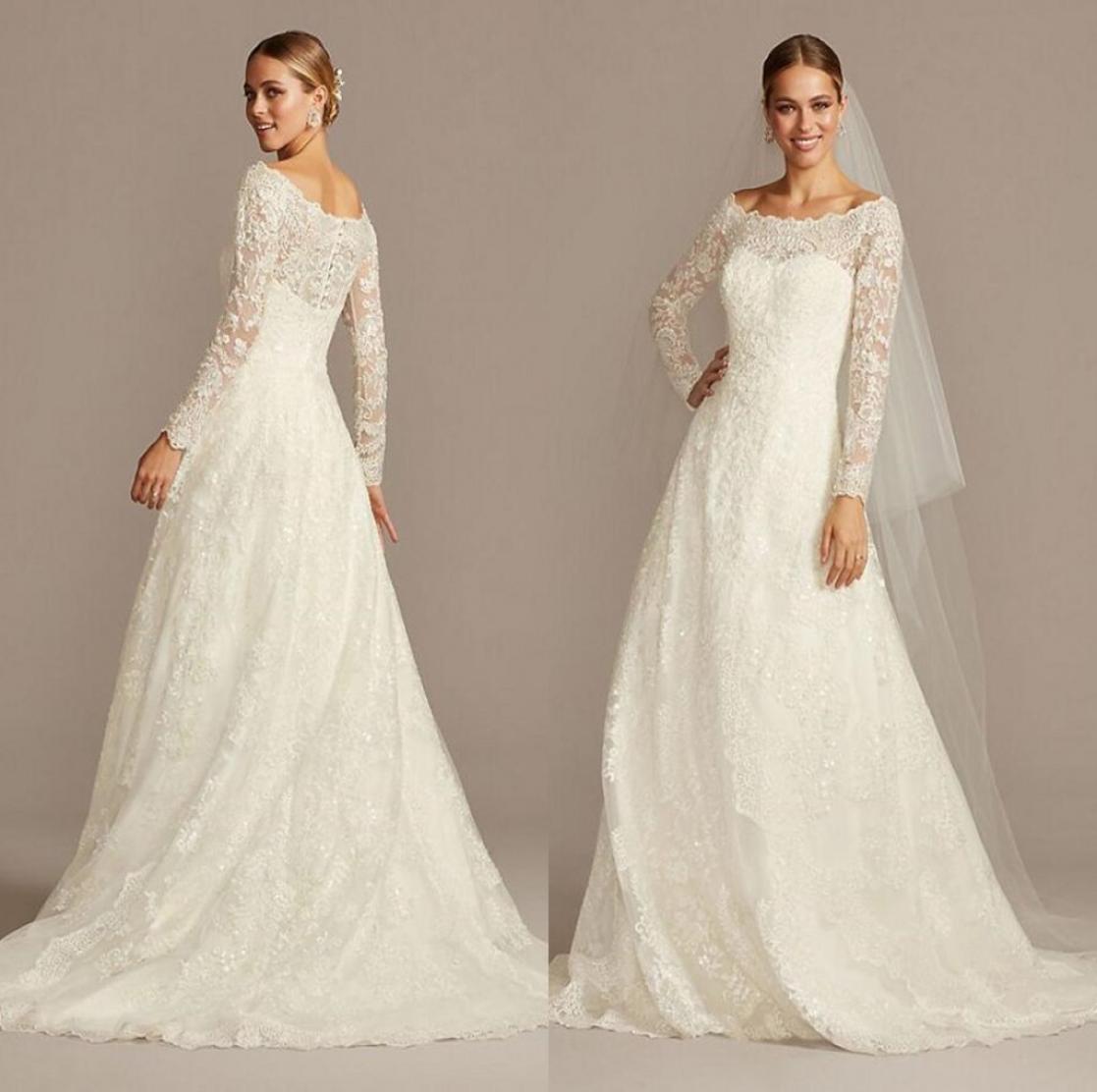 

OLEG CASSINI OffTheShoulder Lace ALine Wedding Dress 2021 full lace applique long sleeve plus size sweep train wedding gown4326763, White