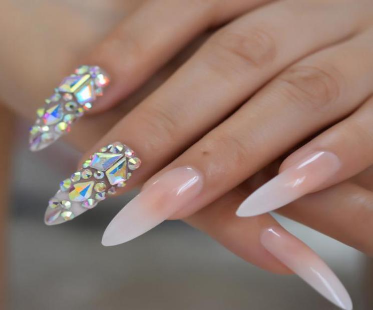 

3D AB Gems Gradient Pink Nude Press on Nails Baby Ombre Extra Long Stiletto False Fake Nail Tips Pointed Fingers Nails9752207, Army green