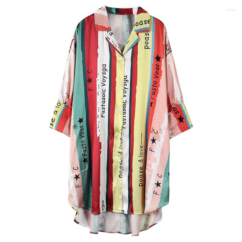 

Women's Sleepwear Satin Blouse Shirt Women Nightgown Underwear Sleeping Half Sleeve Loose Nightshirt Side Split Button Down Robe Homewear, S2018