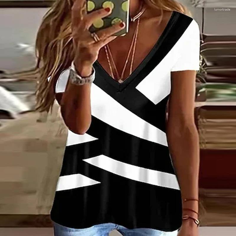 

Women' T Shirts Spring Fashion Color-block Patchwork T-shirt Women Sexy V Neck Office Lady Tops Shirt Summer Short Sleeve Streetwear Tee, 03 whte