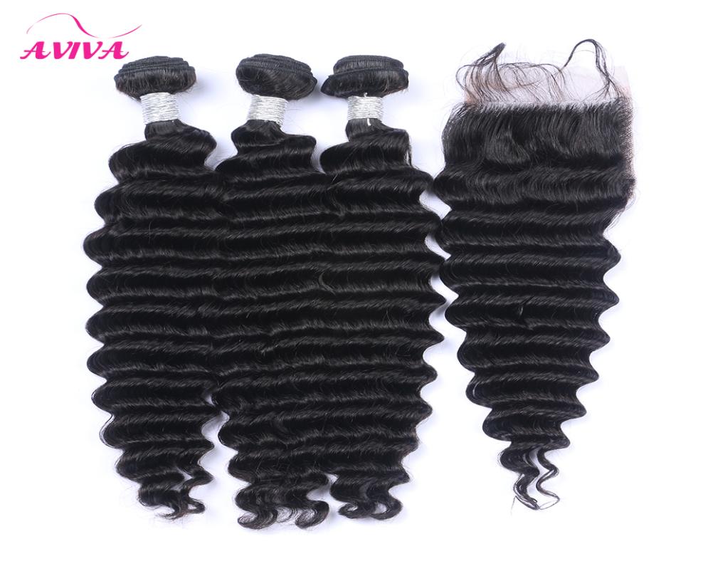 

4PcsLot Brazilian Deep Wave Virgin Human Hair Weaves With Closure 44Size Lace Closure With 3 Bundles Unprocessed Brazilian Deep 1360179, Natural color