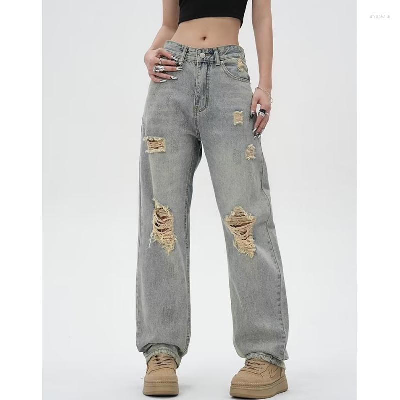 

Women' Jeans Women Blue Worn-out High Waist American Street Wide Leg Pants Fashion Hip Hop Vintage Straight Y2K Style Summer Trousers