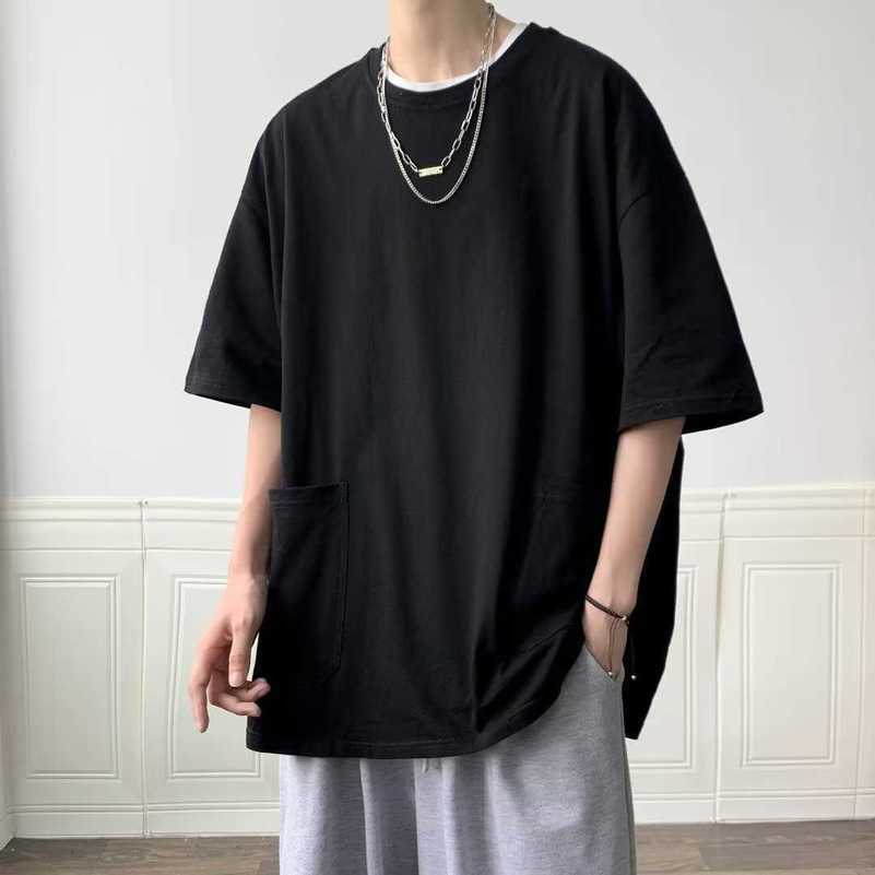 

Round neck short sleeved T-shirt for men's summer 2023 new American retro trend versatile solid color loose casual bottom shirt stussys, Black4