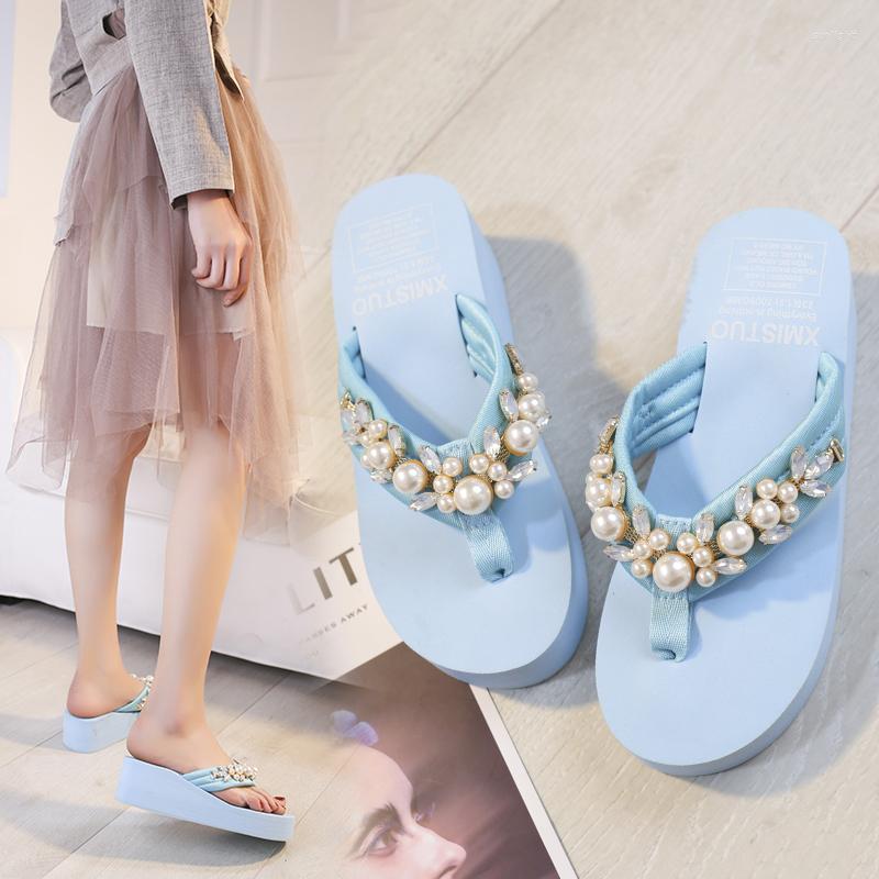 

Slippers Thick Bottom Pearl Crystal Flip Flops 2023 Summer Wedges High Heels Platform Shoes Woman Beach Women Plus Size, Black
