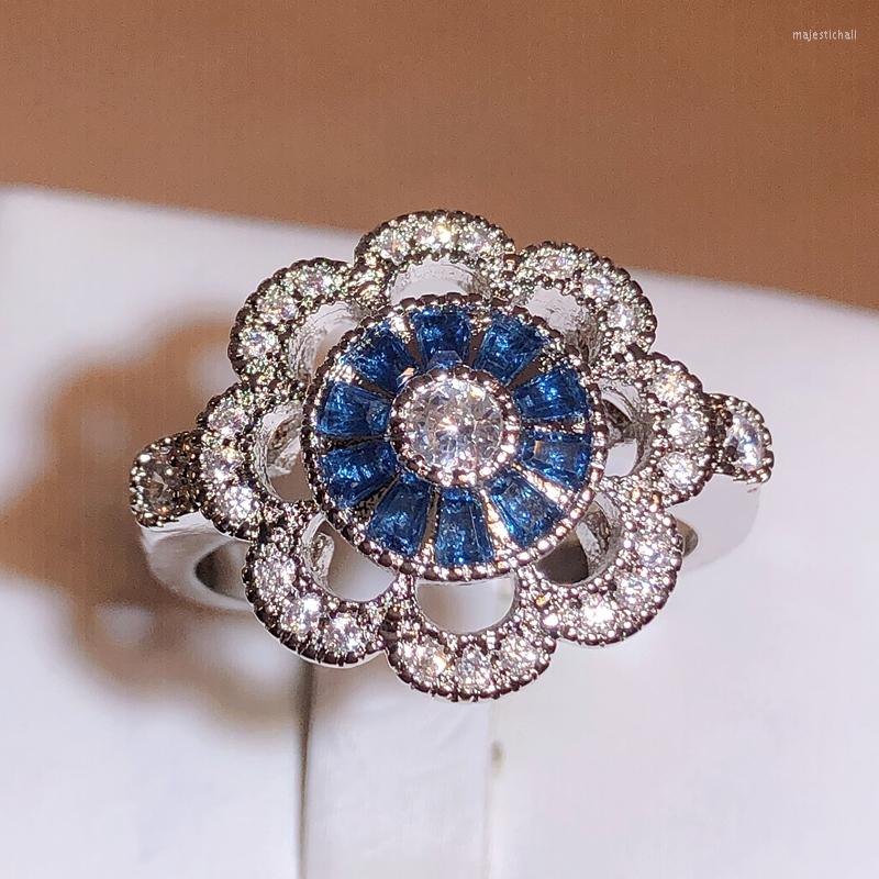 

Cluster Rings Trendy Silver 925 Jewelry Flower Shaped Ring For Women Sapphire Zircon Female Party Girl's Gifts