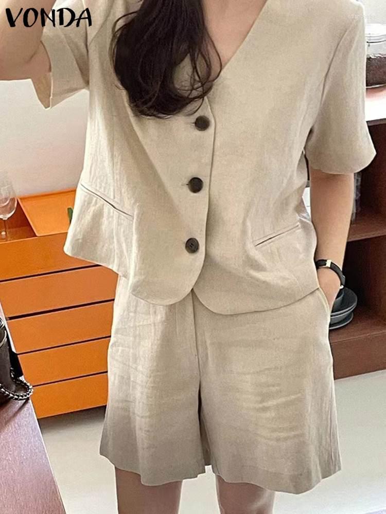 

Women' Tracksuits 2023 Summer Sets FASHION Women V Neck Shirts And Shorts 2pcs Suit VONDA Casual Solid Color Pants Female Matching Baggy, Beige