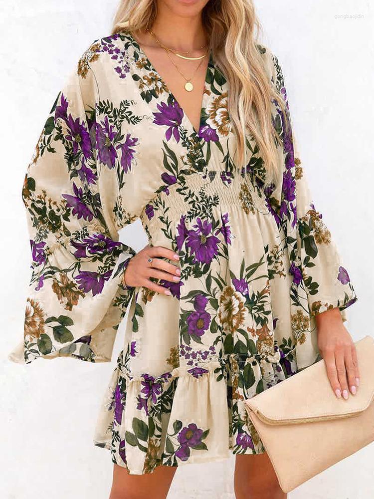 

Casual Dresses Spring And Autumn For Women Fashion Print Sexy Deep V Neck Horn Long Sleeve Dress Elegant Ladies Waist Flanged 2023, Purple