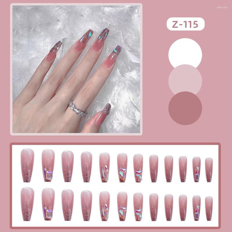 

False Nails High Quality 24Pcs Glossy Pink Long Glitter Diamond Wearable Fake Nail For Women Salon Finger Toes DIY French Style, Jelly glue model