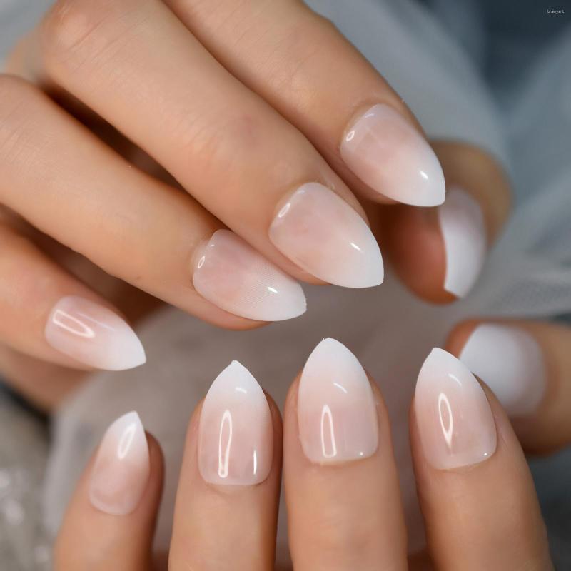 

False Nails Short French Ombre Press On Stiletto Shaped Gel Nude Base White Tip Natural Faux Ongles, L5674