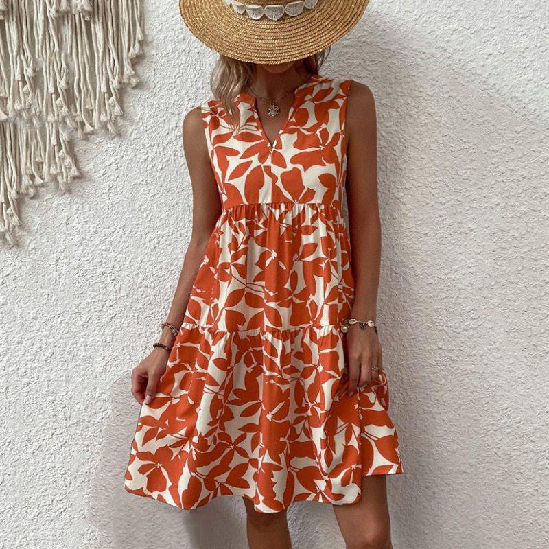 

Casual Dresses Fashion Sleeveless V Neck High Waist Vacation Dress Outfits Summer Women Vintage Floral Print Corset Ruffle, Orange