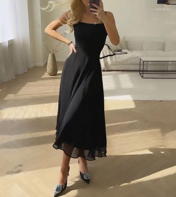 

Casual Dresses Black Slim Fit Strap Dress Women' 2023 Summer Square Neck Temperament Waist Elegant Long