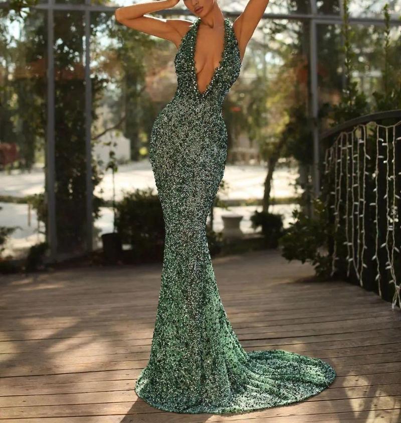 

Party Dresses Green Evening Sleeveless 3D Lace V Neck Halter Beaded Shiny Sequins Appliques Celebrity Mermaid Prom Custom Made, Orange