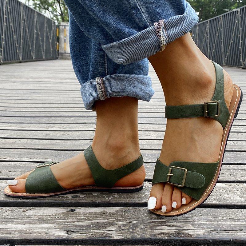 

Sandals Summer Women's Fashion Buckle Flat PU Shoes Outdoor Beach Open-Toe Casual Woman Retro Zapatos De Mujer Size 35-43, Green