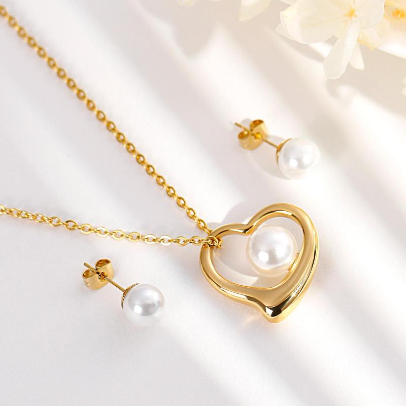 

Necklace Earrings Set Gold Color Stainless Steel Heart Jewelry For Women Fashion Shell Bead Stud Pendant Gift, Picture shown