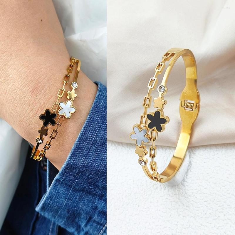 

Bangle Fashion Gold Color Stainless Steel Flower Luxury Bracelets & Bangles For Women Cute Charm Bracelet Jewelry Party Gift Wholesale