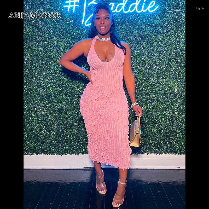 

Casual Dresses ANJAMANOR Frilly Mesh Halter Bodycon For Womens Club Outfits Sexy Summer Pink Black Backless Long Dress Birthday D66CZ18, White