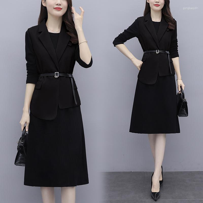 

Work Dresses Women 2 Pieces Set Plaid Strap Dress Slim With Vest Office Lady Wear Classy Fashion Survetement Femme Piece, Black