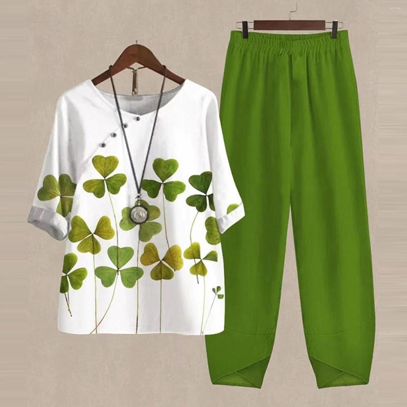 

Women' Two Piece Pants Summer Women Casual Sets Loose O Neck Short Sleeve High Waist Flower Print Outfits Ladies Fashion Daily Suits, Green-1