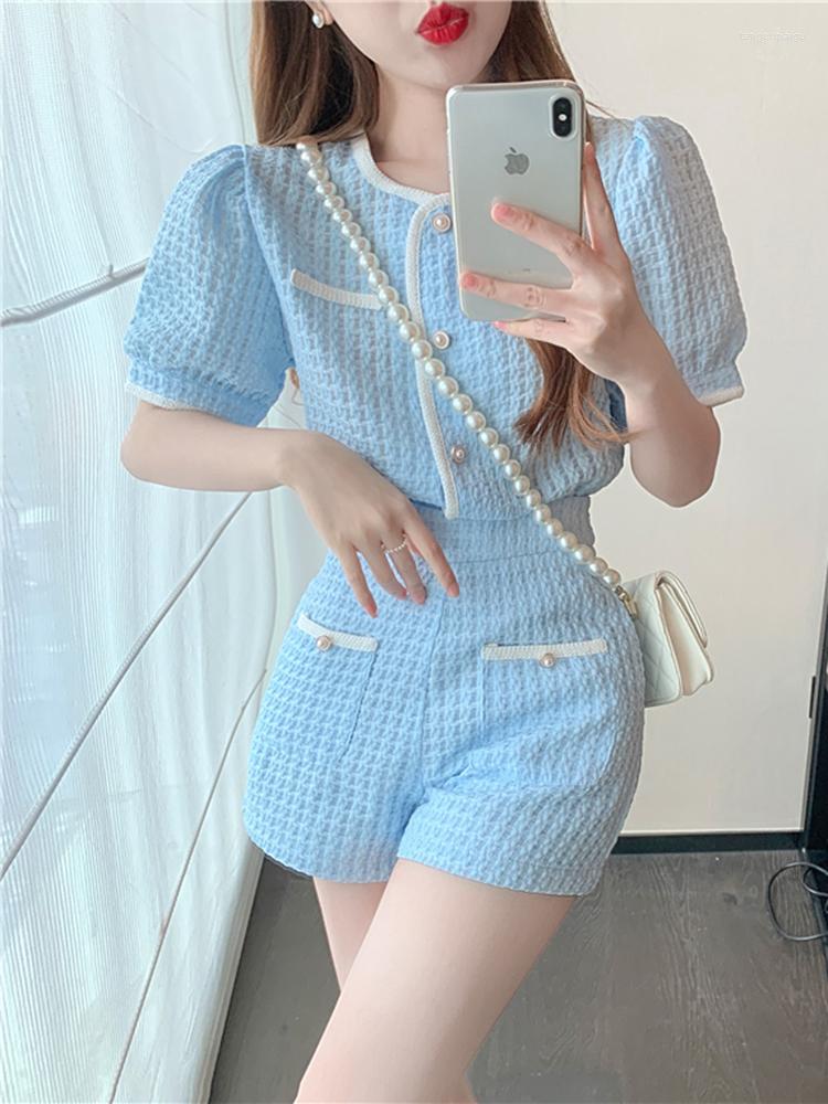

Women' Tracksuits Small Fragrance Summer Pants Suit Fashion Women O Neck Puff Sleeve Top High Waist Wide-Leg Trousers Two Piece Set, Blue