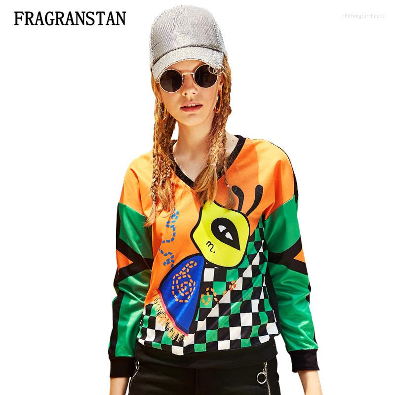 

Women's Hoodies Female Spring Autumn V-Neck Sweatshirts Fashion Hit Color Letter Cartoon Parttern Print Pullovers Lady Casual Loose Top Q497, Picture color