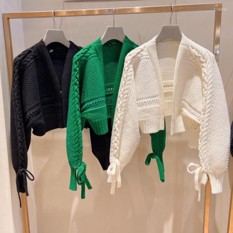 

Women's Knits QNPQYX Elegant Chic Bandage Long Sleeve Cardigan Mujer Solid V Neck Open Stitch Brief Women Sweaters JAPAN Knitted Y2k Clothes, Green
