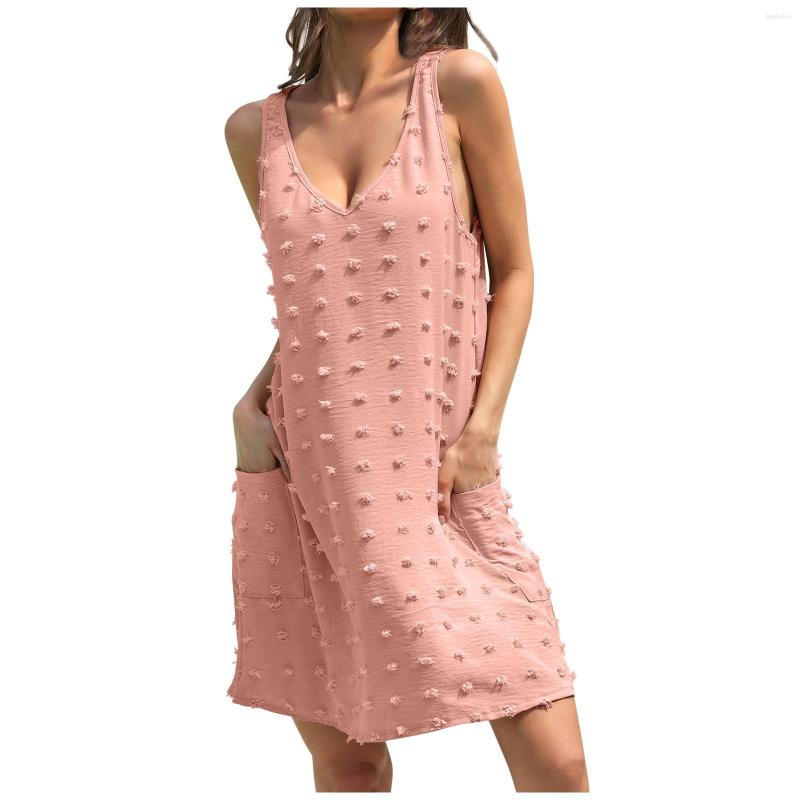 

Casual Dresses Women Sexy Round Dot Pockets Solid Mini Elegant V-neck Spaghetti Strap Loose Vestidos Summer Vacation Beach Dress, Black