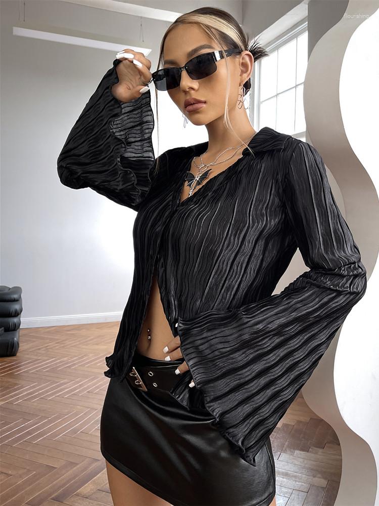 

Women' T Shirts EYouth 2023 Summer Women Clothes Casual Single Breasted Turn-Down Collar Blouses Wild Solid Long Sleeve Loose T-Shirt, Black