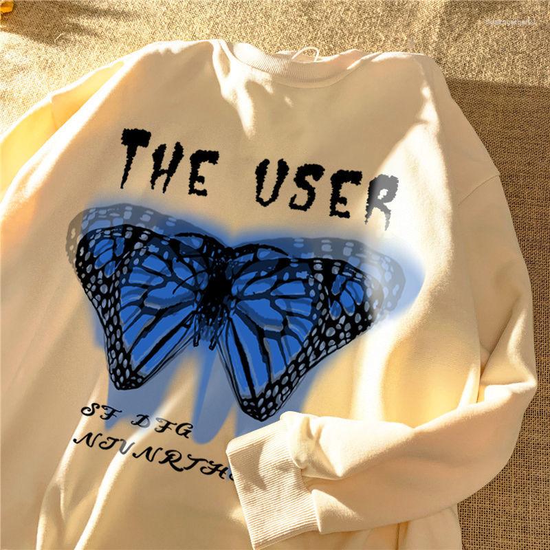 

Women's Hoodies Fun Butterfly Print Casual Loose Sweatshirt Women Long Sleeve Round Neck For Teens American Retro Top Brand Thin Autumn, Solid white