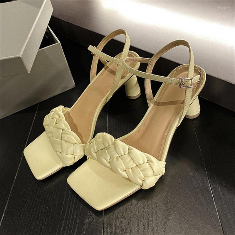 

Sandals Fashion Square Toe Weave High Heels Slippers Open Tied Buckle Strap Narrow Band Ankle Thin Heel Ladies Shoes, Lavender